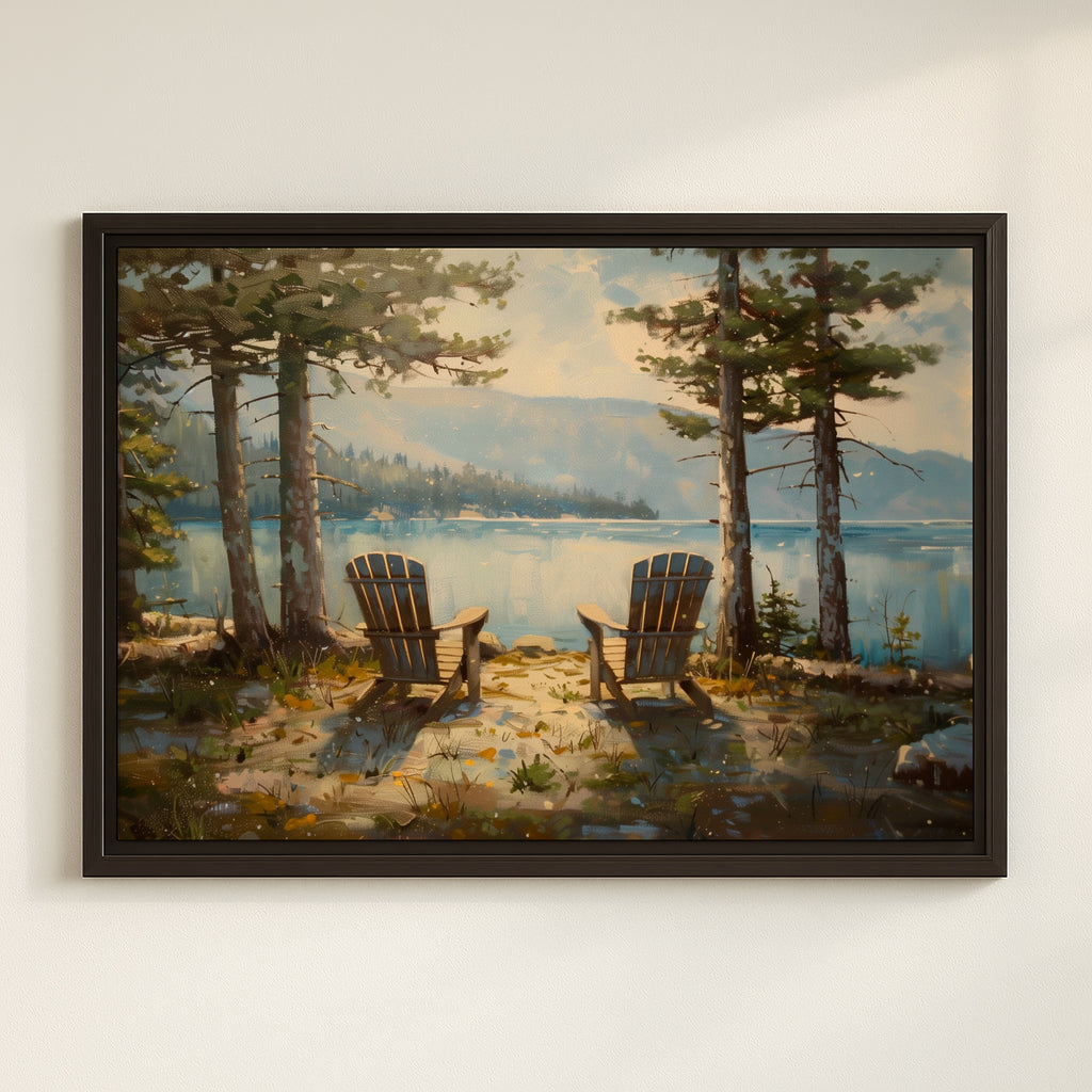 a serene lakeside scene with two wooden Adirondack chairs facing the calm waters, surrounded by lush trees and a picturesque landscape.