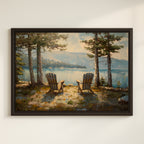a serene lakeside scene with two wooden Adirondack chairs facing the calm waters, surrounded by lush trees and a picturesque landscape.