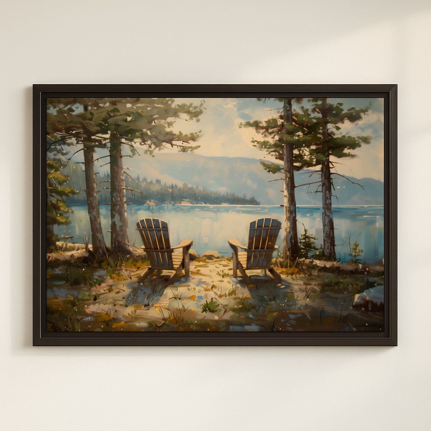 a serene lakeside scene with two wooden Adirondack chairs facing the calm waters, surrounded by lush trees and a picturesque landscape.