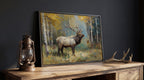 a painting of a majestic elk standing in a forest, with a lantern and antlers on a wooden table in the foreground.