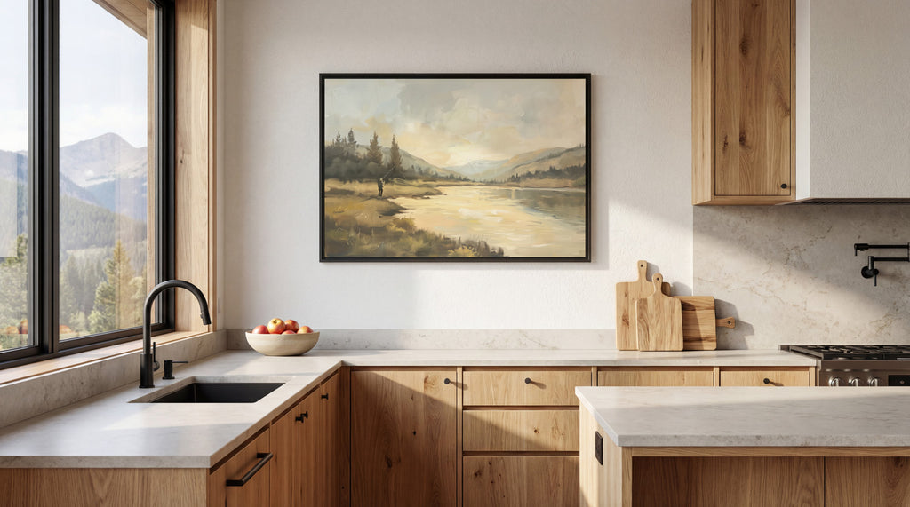 a modern kitchen with a large window overlooking a scenic landscape, featuring mountains and a lake.
