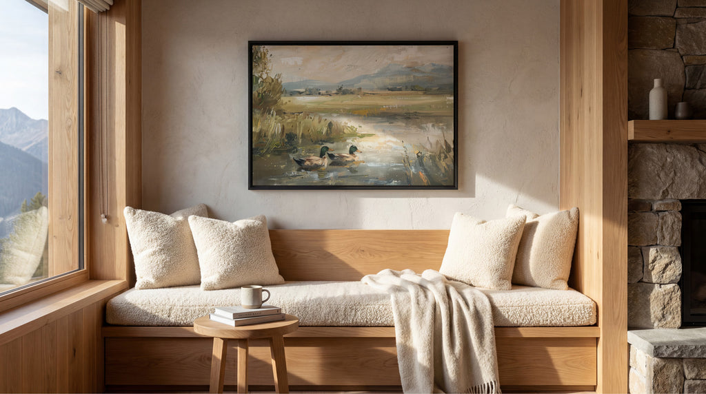 a cozy living room with a large window overlooking a scenic landscape, featuring a painting of ducks in a pond. The room is furnished with a wooden bench, a small table, and a fireplace, creating a warm and inviting atmosphere.