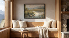 a cozy living room with a large window overlooking a scenic landscape, featuring a painting of ducks in a pond. The room is furnished with a wooden bench, a small table, and a fireplace, creating a warm and inviting atmosphere.
