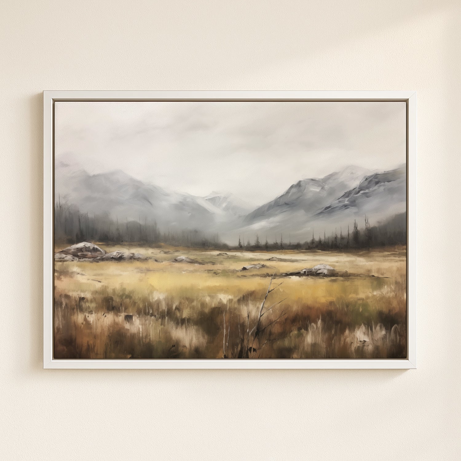 The image is a landscape painting depicting a serene mountain range with a grassy field in the foreground.