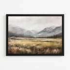 The image is a framed painting depicting a serene landscape with mountains, grass, and trees in the background.