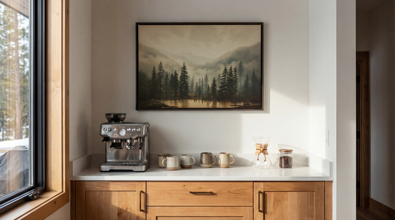 a cozy kitchen scene with a framed landscape painting on the wall above a white countertop with a coffee machine and coffee cups.