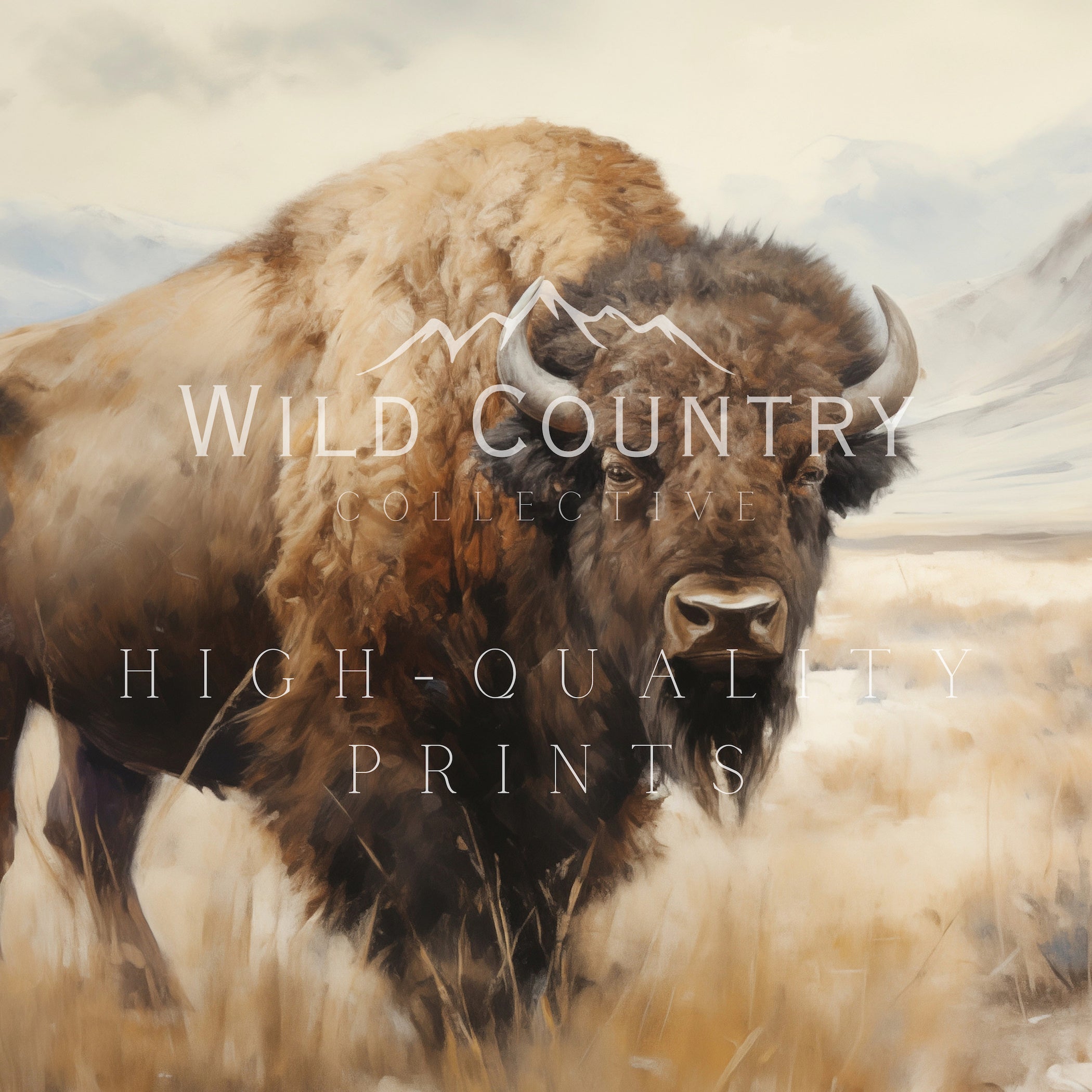 A painting of a bison standing in a field with mountains in the background.