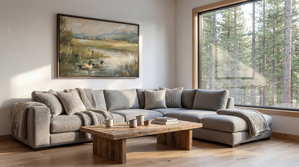 a cozy living room with a large window overlooking a forest, a wooden coffee table, and a comfortable gray sectional sofa.