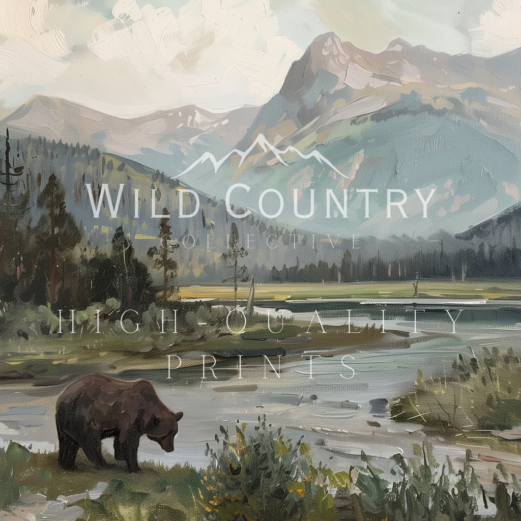 a serene landscape with a river, mountains, and a bear in the foreground.