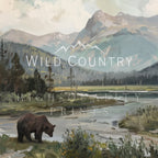 a serene landscape with a river, mountains, and a bear in the foreground.