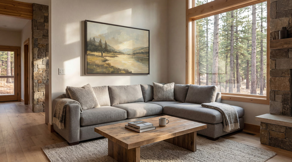 a cozy living room with a large window overlooking a forest, a stone fireplace, and a wooden coffee table with books and a mug.