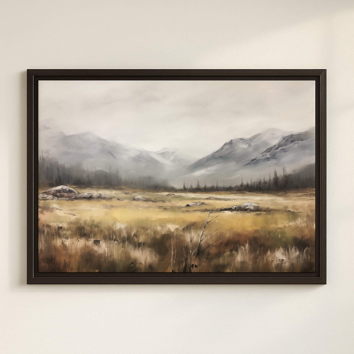 The image is a framed painting depicting a serene landscape with mountains, grass, and trees in the background.