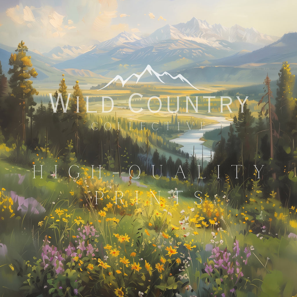 a serene and picturesque landscape with a lush green field, a winding river, and majestic mountains in the background.