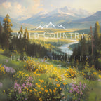 a serene and picturesque landscape with a lush green field, a winding river, and majestic mountains in the background.