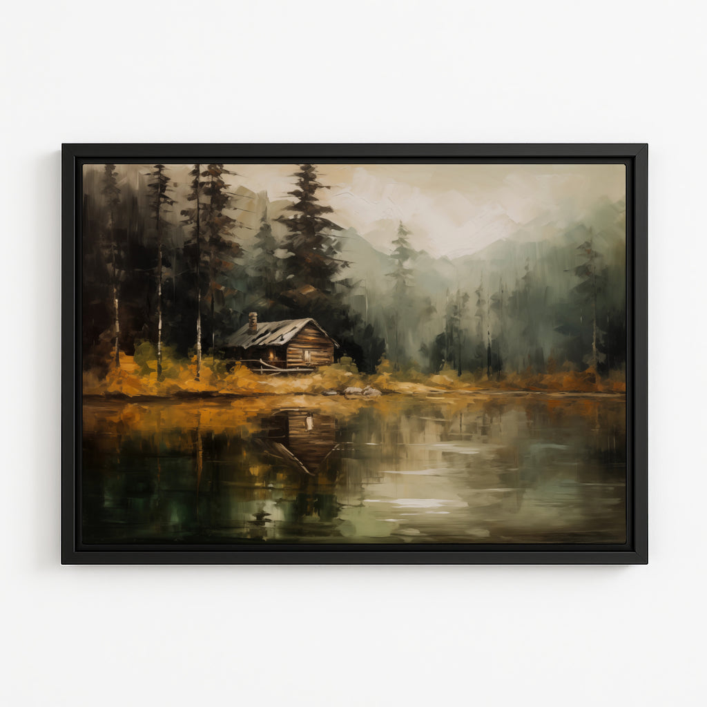 a serene cabin nestled in a forest, surrounded by tall trees and a tranquil lake reflecting the surrounding scenery.