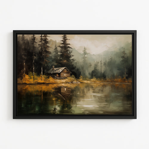 a serene cabin nestled in a forest, surrounded by tall trees and a tranquil lake reflecting the surrounding scenery.