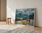 a large painting of a cowboy riding a horse in a mountainous landscape, with a wooden stool and a rug in the foreground.