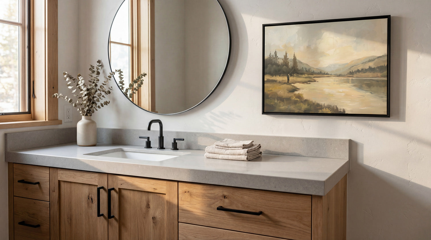 a modern bathroom with a large mirror, a sink, and a framed landscape painting on the wall.