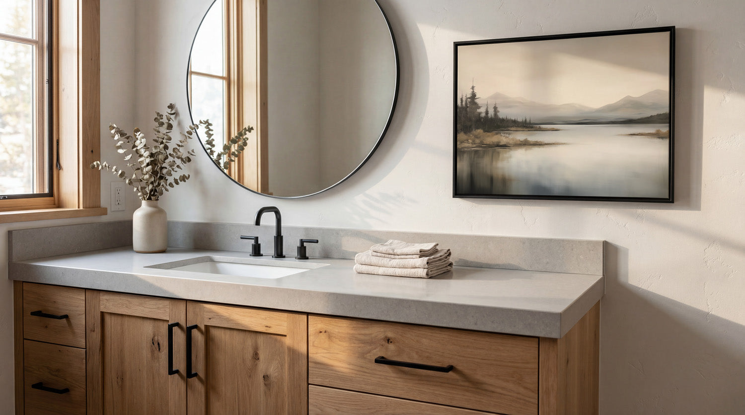 a modern bathroom with a large mirror, a sink, and a framed landscape painting on the wall.