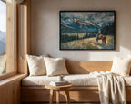 a cozy living room with a large window overlooking a picturesque mountain landscape. A painting of a person riding a horse is hanging on the wall, adding a rustic charm to the room. The room is furnished with a wooden bench, a small table with a book and a cup, and a plush white blanket draped over the bench.