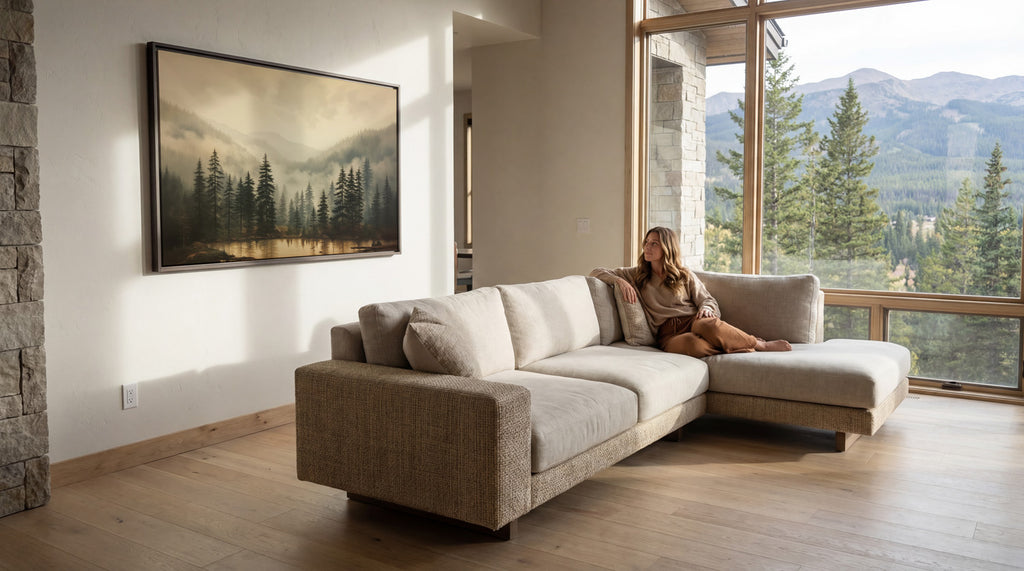 A woman sits on a beige sectional sofa in a spacious living room, gazing out a large window overlooking a scenic mountain landscape.