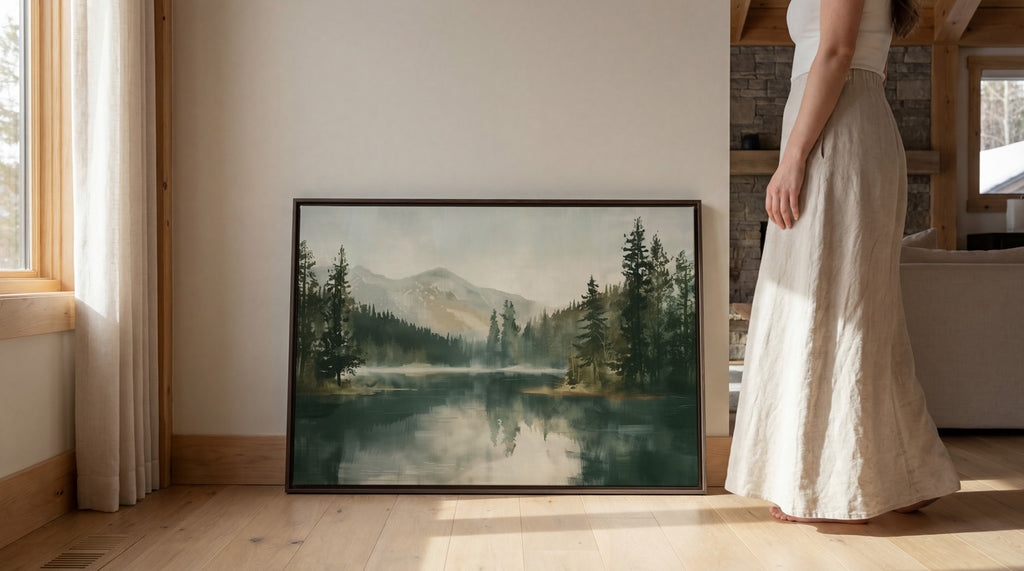 A woman in a long white skirt stands next to a large framed painting depicting a serene landscape with a lake and mountains.