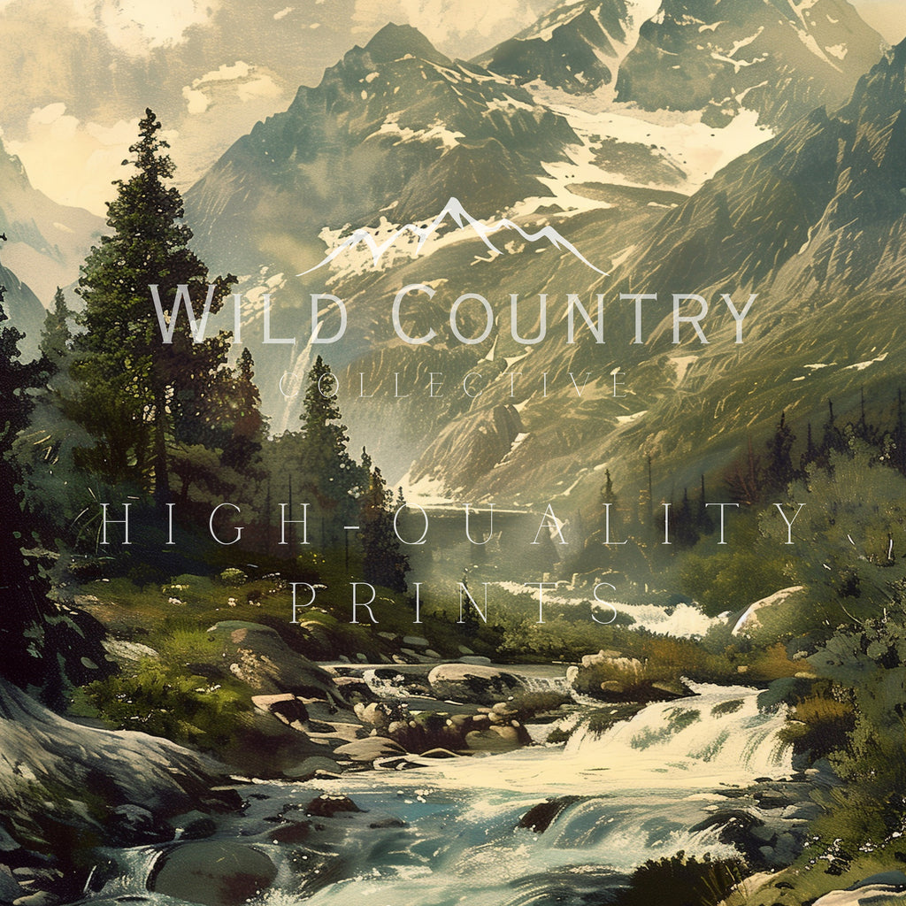 a serene mountain landscape with a flowing stream, lush greenery, and towering peaks.