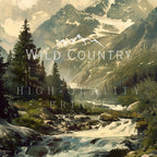 a serene mountain landscape with a flowing stream, lush greenery, and towering peaks.