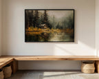 a wooden bench with a framed painting of a cabin and a lake hanging on the wall above it.