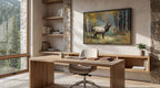 a serene and modern workspace with a large window overlooking a forest, a wooden desk with a laptop and books, and a framed painting of a majestic elk in the background.