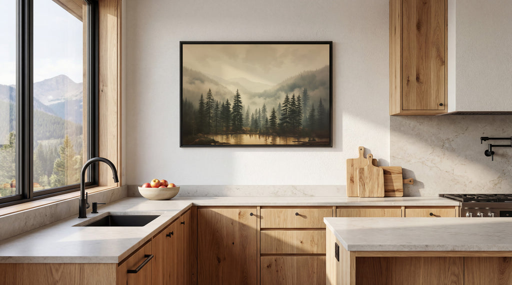 a modern kitchen with a large window overlooking a scenic mountain landscape. The kitchen features wooden cabinets, a black faucet, and a framed landscape painting on the wall.