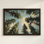 The image is a framed painting depicting a forest scene with tall trees reaching towards a bright blue sky.