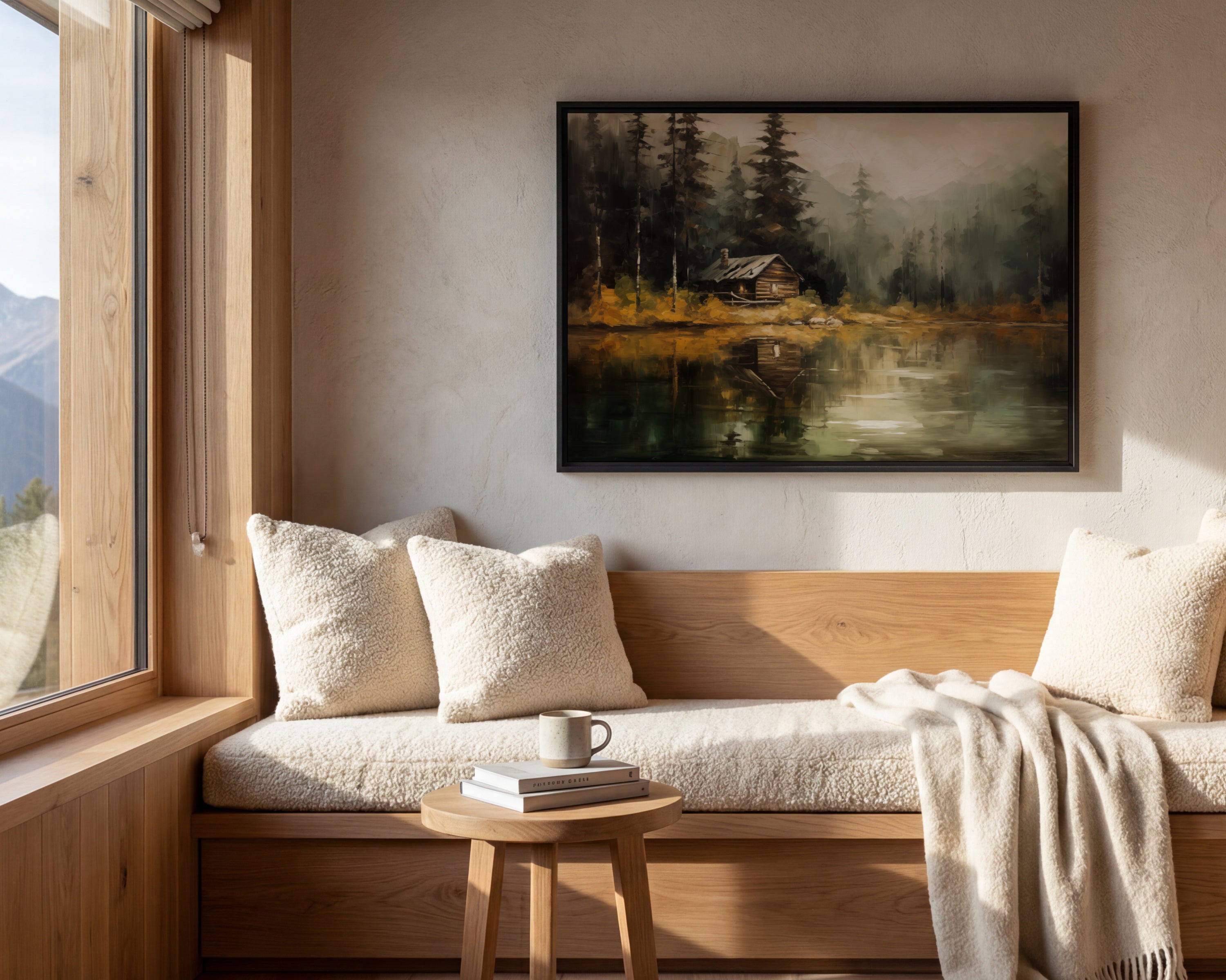 a cozy living room with a large window overlooking a serene lake and a picturesque forest. A wooden bench with plush pillows sits in front of the window, and a framed painting of a cabin in the background adds a touch of nature to the space. A small wooden table holds a cup of coffee, and a white blanket is draped over the bench, creating a warm and inviting atmosphere.