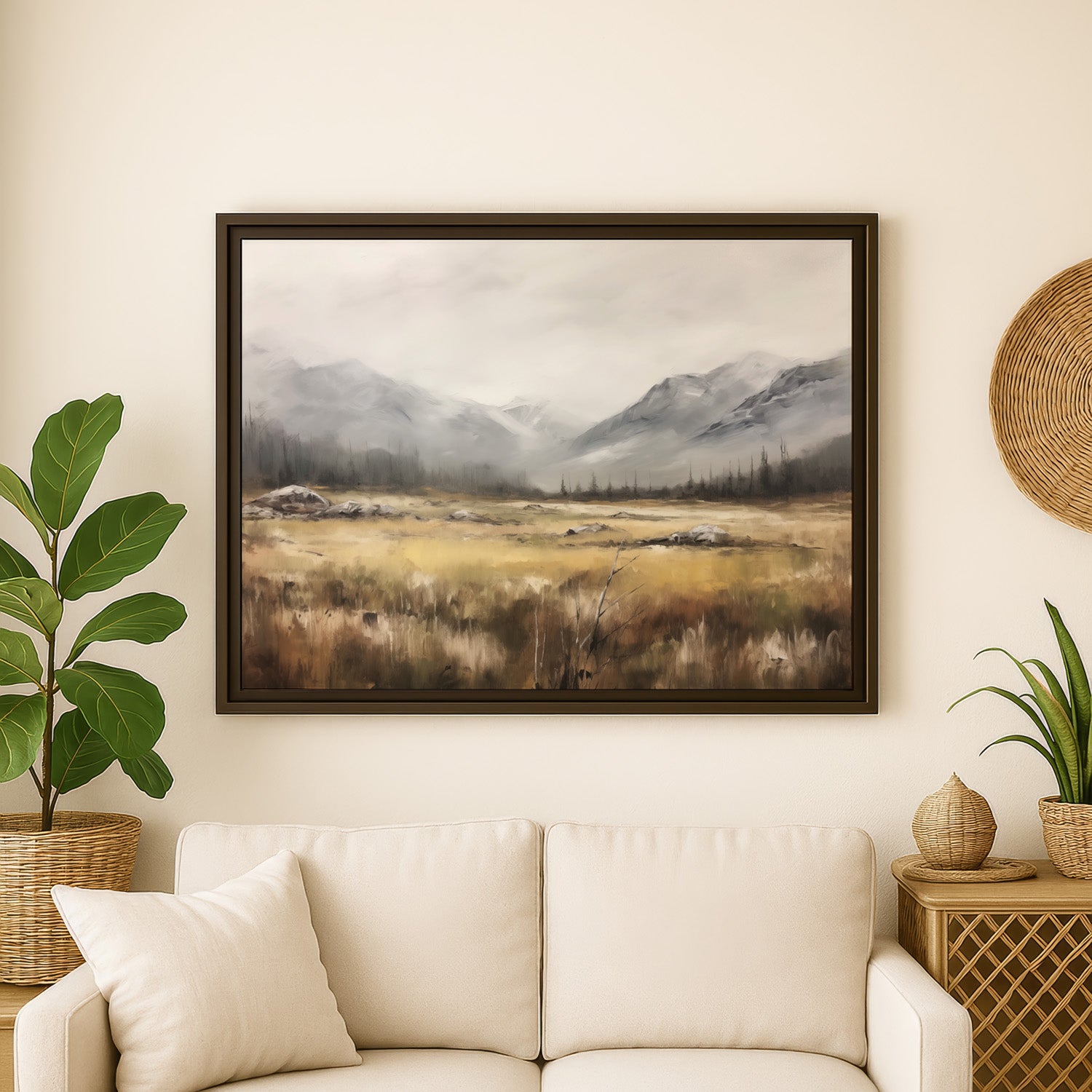 a large landscape painting hanging on a wall above a white sofa in a living room setting.