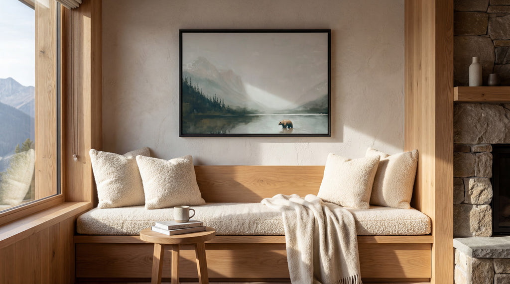 a cozy living room with a large window overlooking a scenic mountain landscape. The room features a wooden bench with plush pillows, a small wooden table with a coffee mug and a book, and a framed landscape painting hanging on the wall.