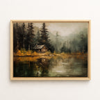 a serene cabin nestled in a forest, with a lake or pond in the foreground reflecting the surrounding trees and mountains.