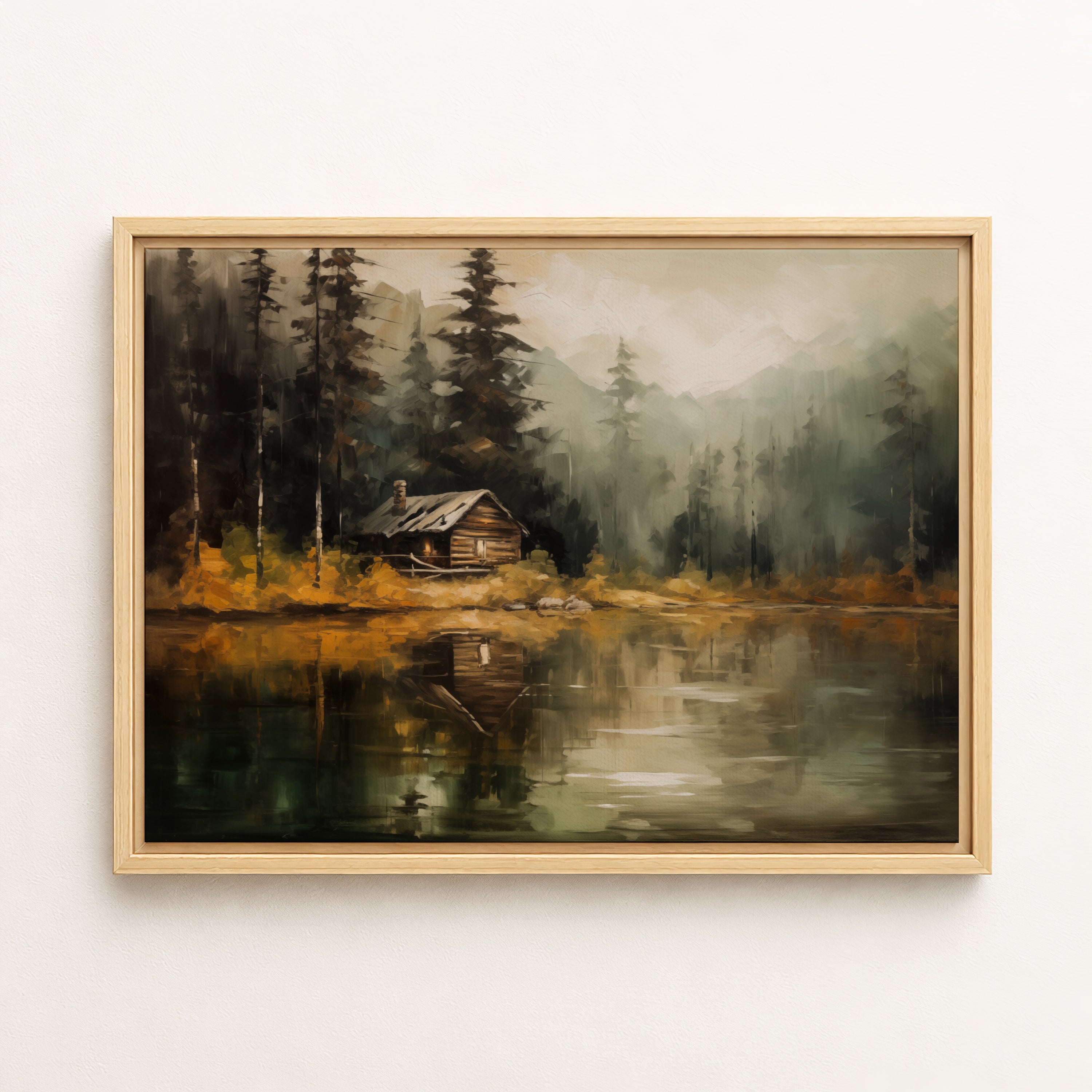 a serene cabin nestled in a forest, with a lake or pond in the foreground reflecting the surrounding trees and mountains.
