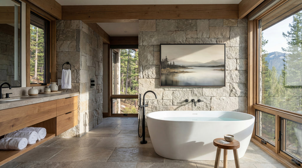 a luxurious bathroom with a large freestanding bathtub, a wooden vanity, stone walls, and a painting of a landscape. The room is illuminated by natural light from the large windows, creating a serene and relaxing atmosphere.