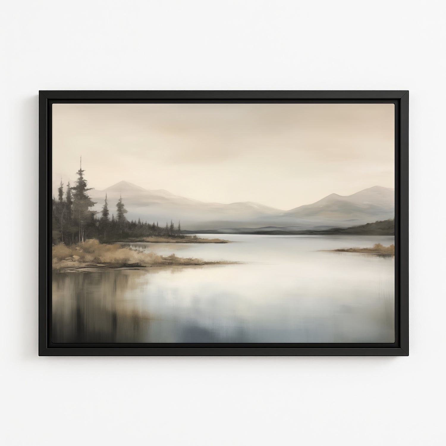 a serene landscape with a calm lake surrounded by mountains and trees.
