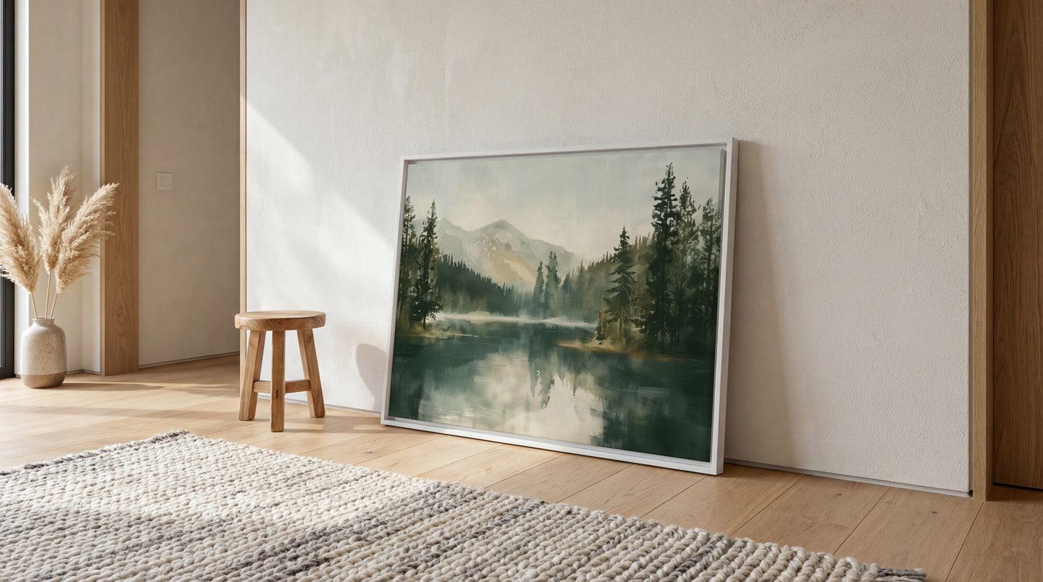 a large landscape painting depicting a serene mountain lake surrounded by pine trees, hanging on a wall in a room with a wooden floor and a small stool.