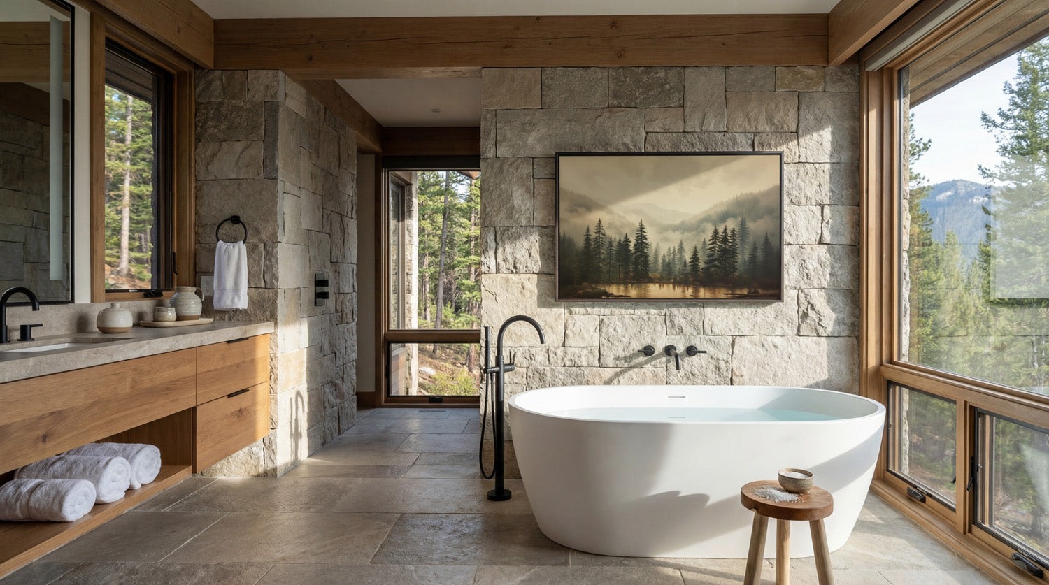 a luxurious bathroom with a large freestanding bathtub, a wooden vanity, stone walls, and a painting of a forest landscape above the bathtub. The room is illuminated by natural light from the large windows, creating a serene and relaxing atmosphere.