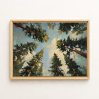 The image is a painting of a forest with tall trees reaching up towards a blue sky with clouds.