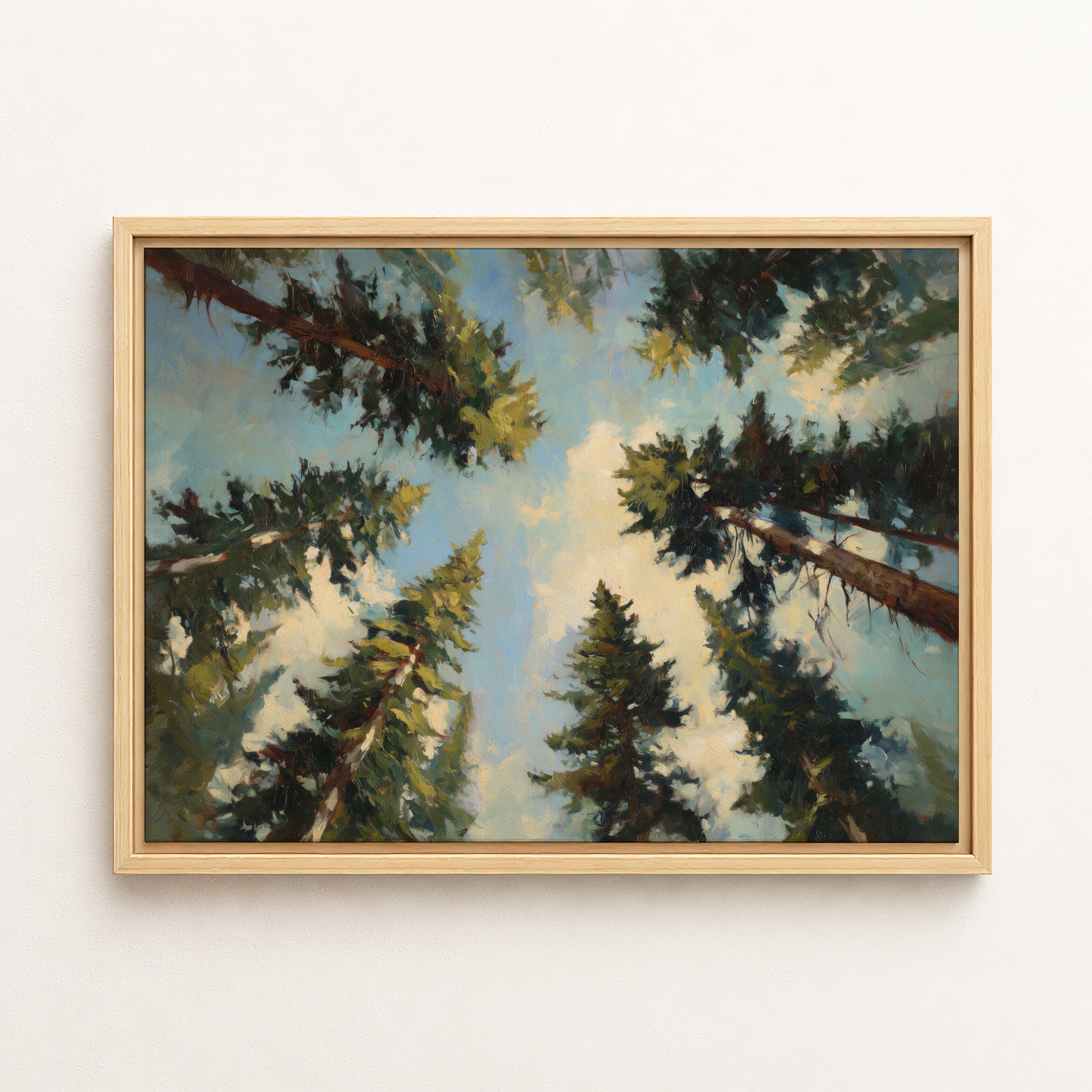 The image is a painting of a forest with tall trees reaching up towards a blue sky with clouds.