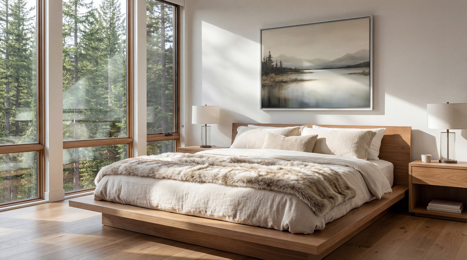 a serene bedroom with a large bed, wooden nightstands, and a painting of a landscape on the wall. The room has large windows that provide a view of the outdoors, and the overall decor has a modern and minimalist aesthetic.