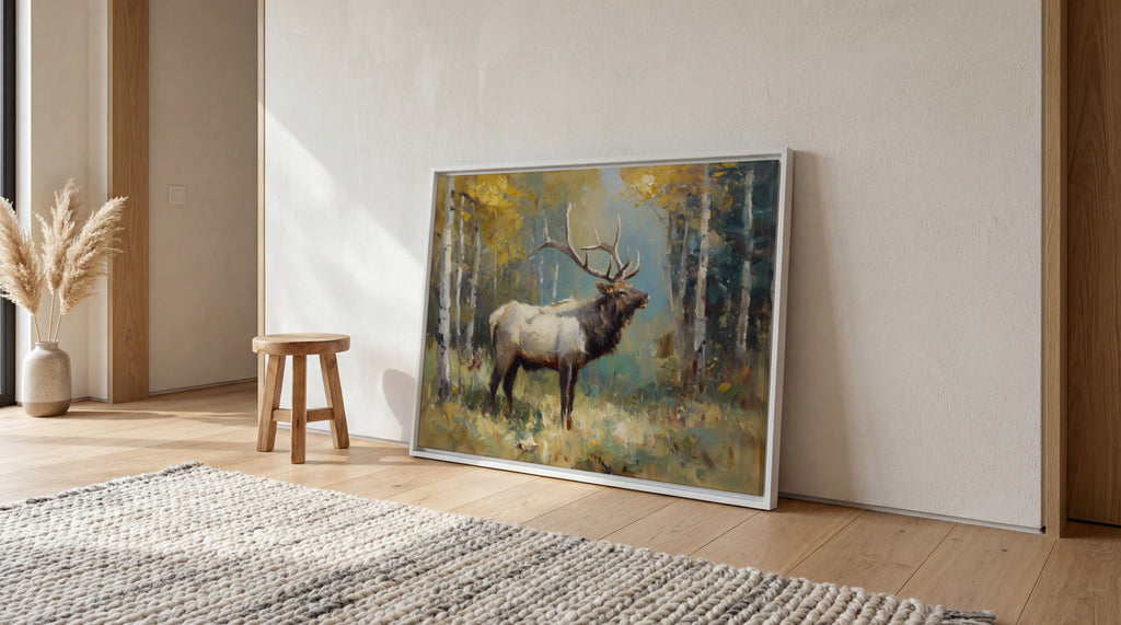 a large painting of a majestic elk standing in a forest, with its antlers reaching towards the sky. The painting is framed and displayed on a wall, creating a focal point in the room.