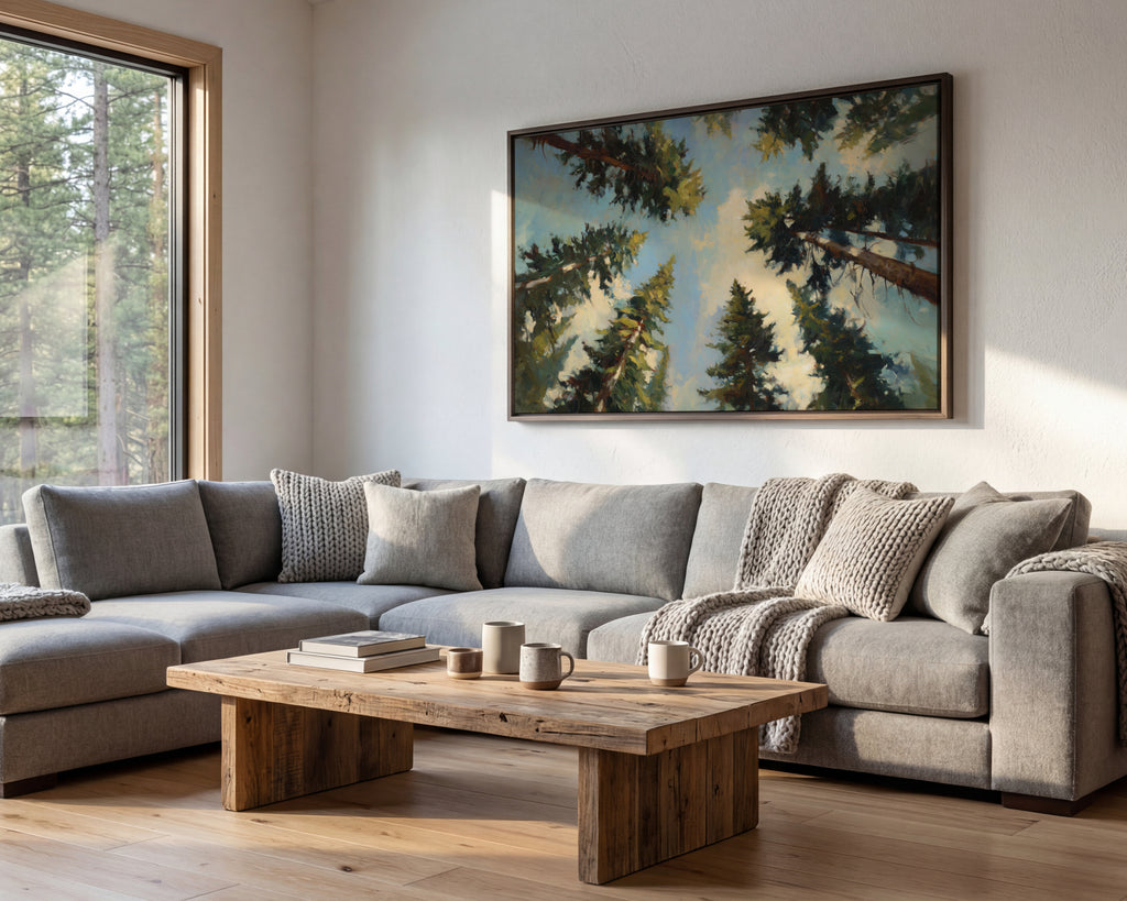 a cozy living room with a large window overlooking a forest, a wooden coffee table in the center, and a comfortable gray sectional sofa.