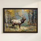 A painting of a majestic elk standing in a forest with autumn foliage in the background.