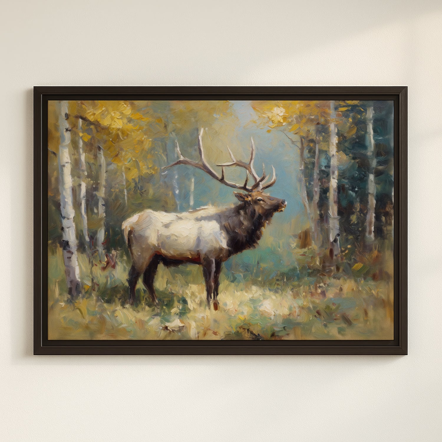A painting of a majestic elk standing in a forest with autumn foliage in the background.