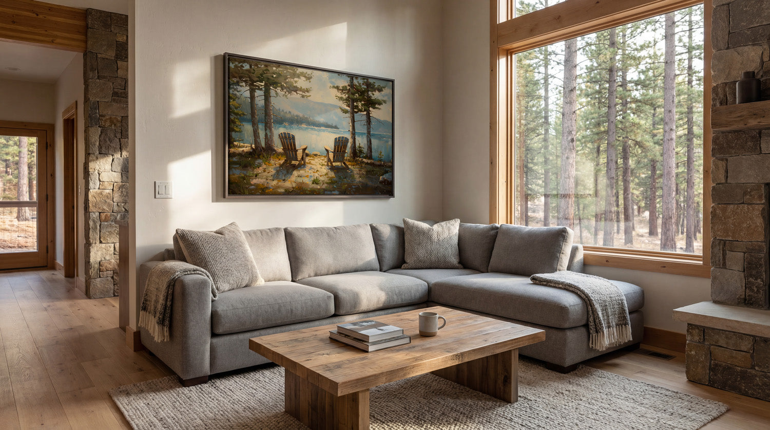 a cozy living room with a large window overlooking a wooded area, a stone fireplace, and a wooden coffee table with books and a mug.
