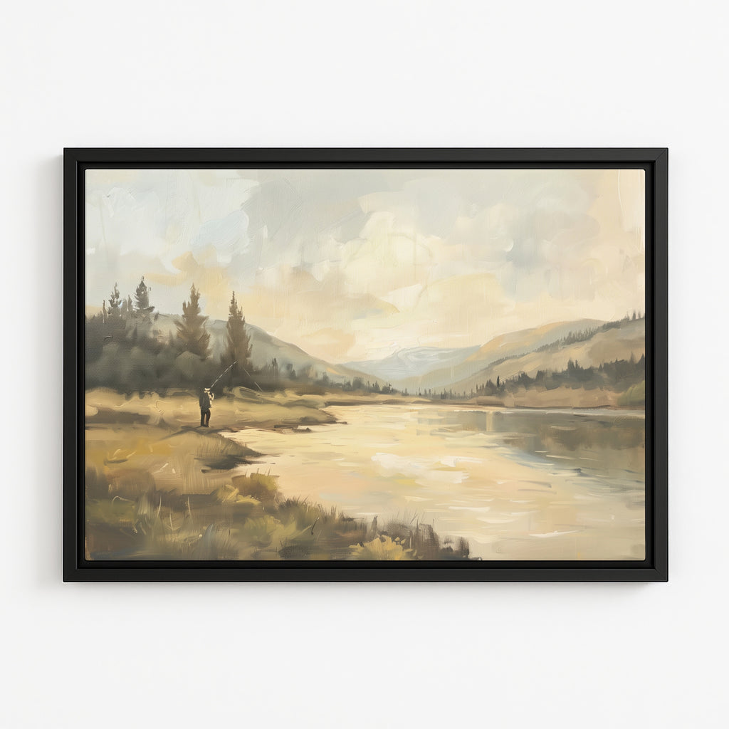 a serene landscape with a person fishing in a lake surrounded by mountains and trees.